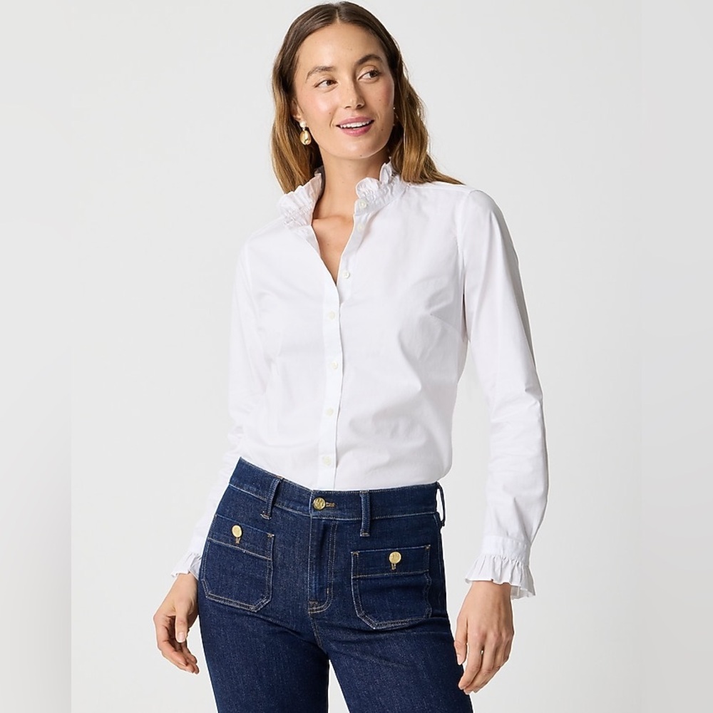 J. Crew White Ruffle Collar Button-Down Shirt